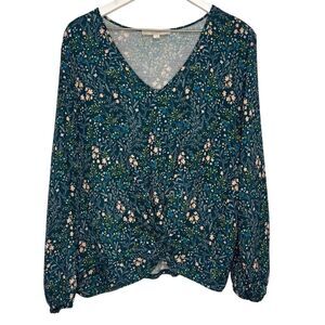 LOFT Floral Mixed Media Long Sleeve Blouse Womens Large Teal Knot Front V-Neck